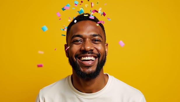 A cheerful African American man stands against a backdrop of cascading yellow confetti photo