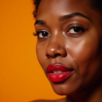 Cropped portrait of African American woman with vibrant red lipstick against an orange background photo
