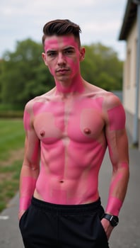 Professional outdoor shoot featuring a diverse young male fashion model with vitiligo showcasing a stylish pinkandblack look in the metrosexual aesthetic photo