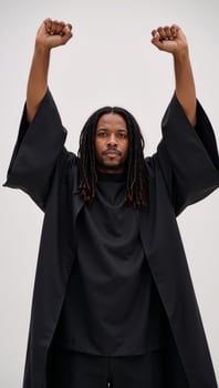 A powerful handsome longhaired Black prophet or savior is depicted with arms raised as an emblem of freedom and African American diversity in the image photo