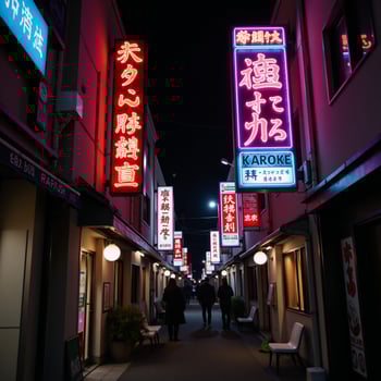 A neonlit alleyway in Japan at night photo