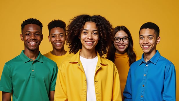 illustration featuring an upbeat stylish GenerationZ teenager of African American descent smiling against a neutral beige backdrop photo