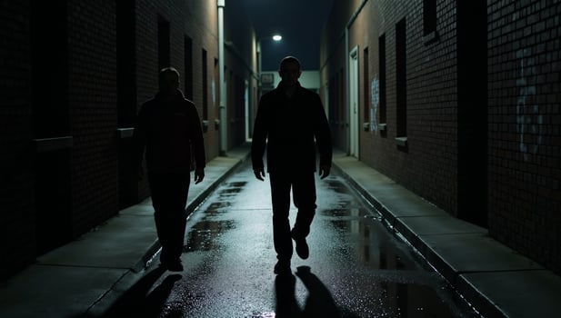 Shadows move through a rainsoaked dangerous urban landscape at night photo