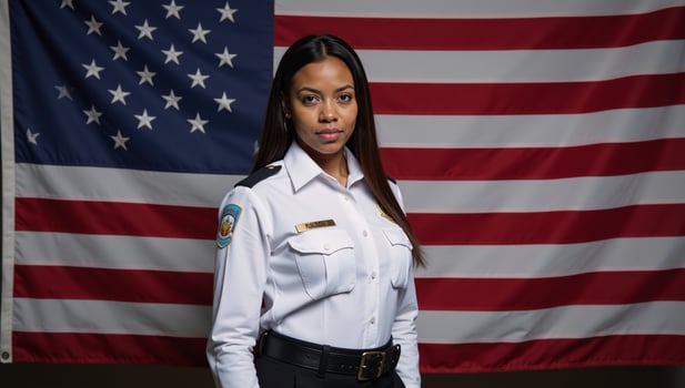 African American woman wearing police security uniform stands before an American flag photo