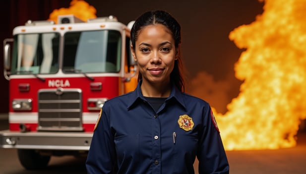 Confident black firefighter poses in uniform against backdrop of flaming firetruck photo