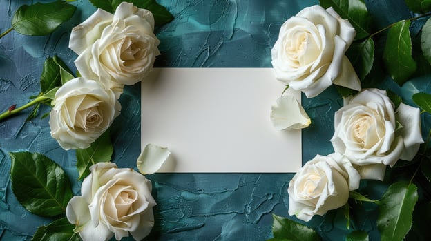 White Roses and Blank Card on Teal Textured Background photo