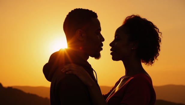 A silhouetted embrace between an AfricanAmerican man and woman bathed in the glow of setting sunlight photo