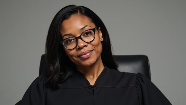 Portrayal of an assertive Black female Judge wearing a black robe photo