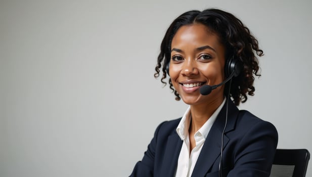 A focused African American woman at a call center with simple clean backdrop ideal for added textbranding photo