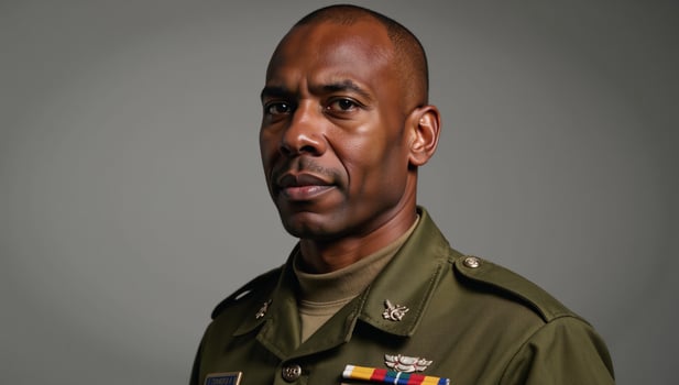 Angled view portrait of a determined AfricanAmerican solider in military uniform photo