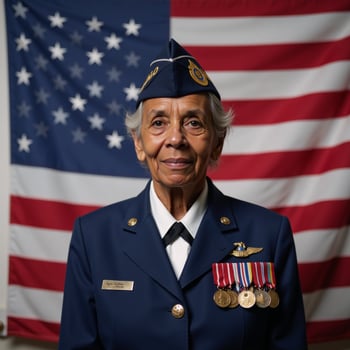 An elderly AfricanAmerican woman veteran stands before an American flag on Veterans Day photo