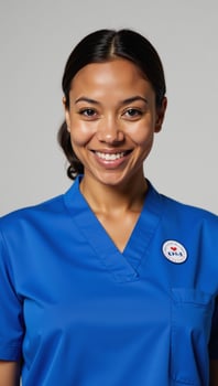 African American medical nurse with blue uniform and smile photo
