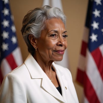 An introspective elderly AfricanAmerican lady gazes off thoughtfully against an American Flag background photo