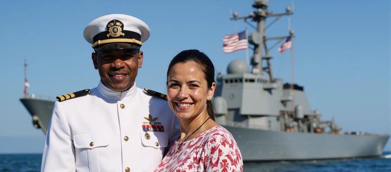 A veteran AfricanAmerican Navy Officer stands proudly with spouse by warship beneath the American flag on Veterans Day photo