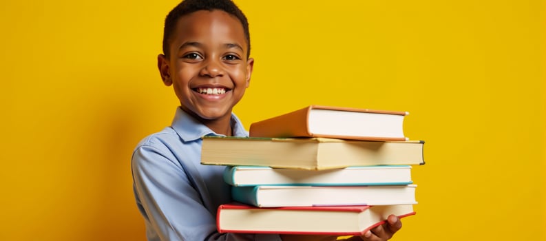 Smiling African American Schoolboy holding books against vibrant yellow backdrop conveys educational enthusiasm photo