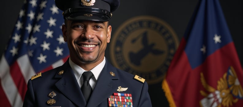 A proud and confident smiling AfricanAmerican veteran depicted in a military uniform Generated photo