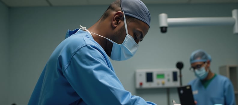 Side view illustration AfricanAmerican surgeon operating in hospital photo
