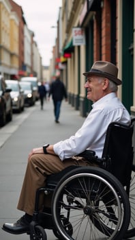 Elderly man seated in wheelchair along sidewalk photo