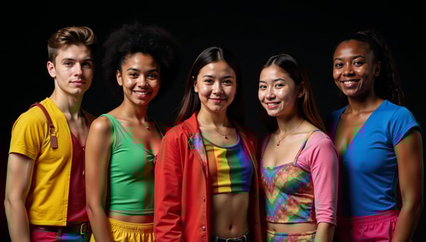 Studio portrait featuring young multiracial individuals dressed as LGBTQ characters captured from the waist up against a black backdrop photo