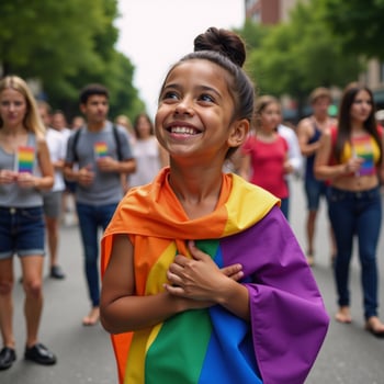 A joyful young girl in pride flag adornment looks up during a gay pride parade celebration promoting inclusivity and diversity among children photo