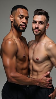 Dynamic gay couple portrait with realistic highquality imagery and cinematic lighting effects photo