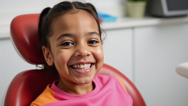 A cheerful AfricanAmerican child receives dental care with a bright gleaming smile photo