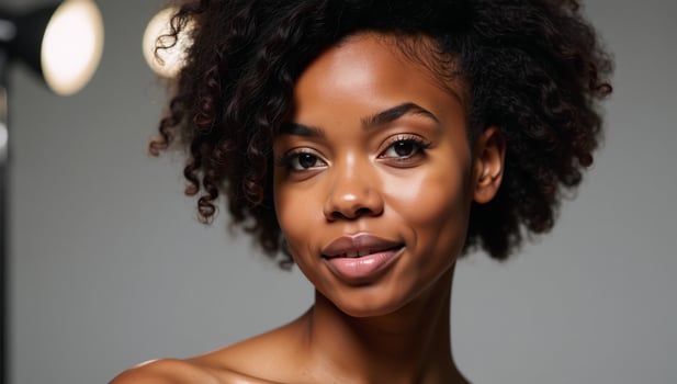 Portrait of an elegant Black woman with Afro hairstyle featuring cosmetics makeup and fashion elements photo