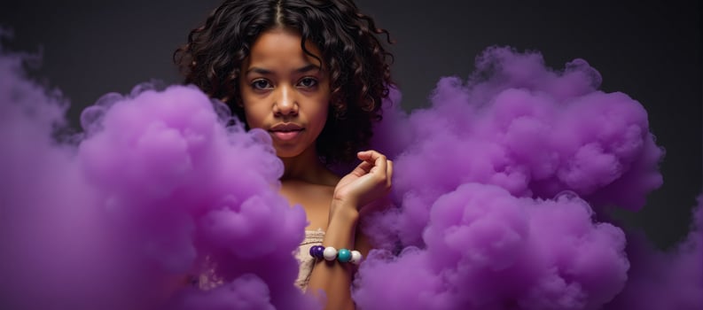 A purplehaired African American girl is captured amidst swirling purple smoke bombs in an art photograph photo