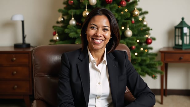 Office portrait of a serene middleaged African American businesswoman near a Christmas tree photo