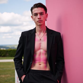 Professional outdoor shoot featuring a diverse young male fashion model with vitiligo showcasing a stylish pinkandblack look in the metrosexual aesthetic photo