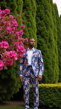 AfricanAmerican Man Stands Among Pink Flower Trees in Floral Suit photo