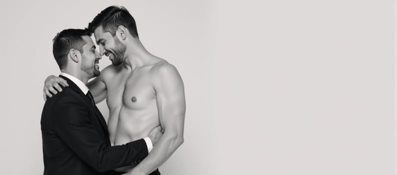 Rendering of an intimate gay couple with strong bond set against a clean background photo