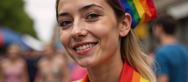 Young woman in vibrant Pridethemed makeup and captivating eyes Gay Pride Celebration photo