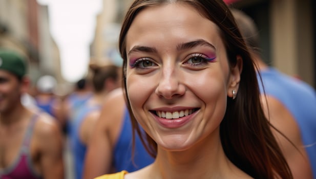 Young woman in vibrant Pridethemed makeup and captivating eyes Gay Pride Celebration photo