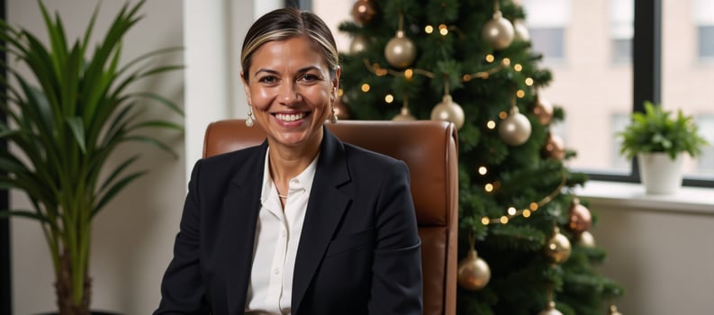 Office portrait of a serene middleaged African American businesswoman near a Christmas tree photo