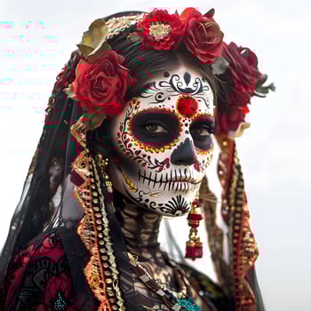 Dia de los Muertos illustration of a woman with traditional makeup and a floral crown on a white background, photo