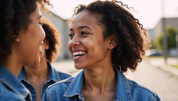 Smiling AfricanAmerican teens laughing on city street close up portrait of stylish happy teenager wearing denim jacket focusing on her bright smile photo