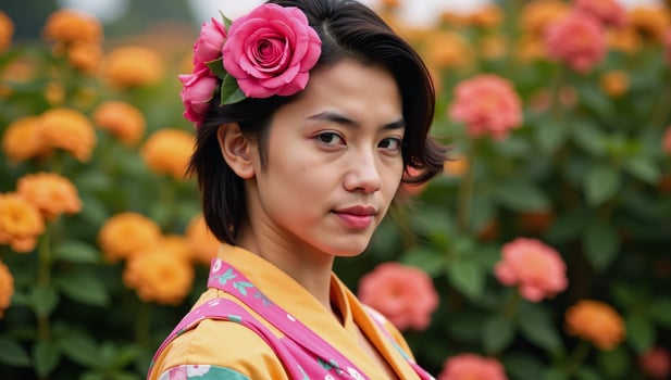 Vibrant portrayal of an Asian gay man wearing bold makeup rose bouquet confidently gazing amidst blooming flowers colorful setting photo