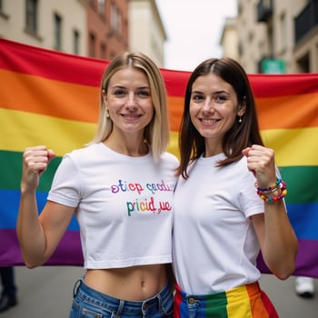 Two women demonstrate during Gay Pride Day raising fists amidst an LGBT flag backdrop photo