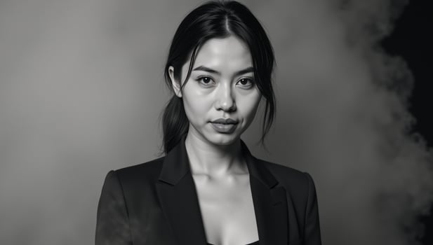 Blackandwhite portrait featuring confidently gazing modern mulatto beauty amidst swirling mist photo