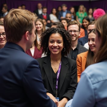 Young Black woman smiles at fellow conference attendee amidst an energetic crowd in a bustling venue photo