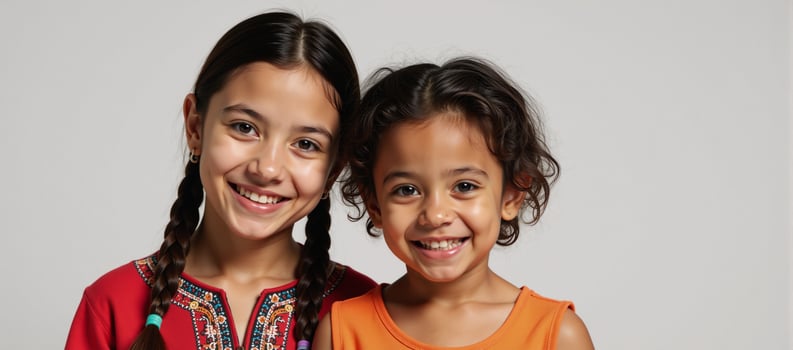 A cute smiling Native American teenager and an adorable AfricanAmerican girl share the space in the image photo