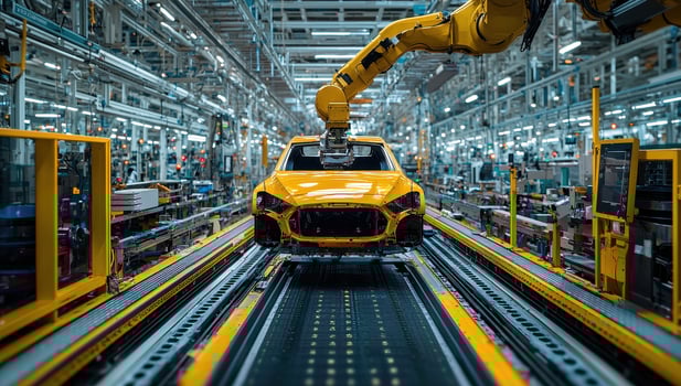 Car Manufacturing Plant, Robotic Arm Assembling Vehicle on Production Line photo