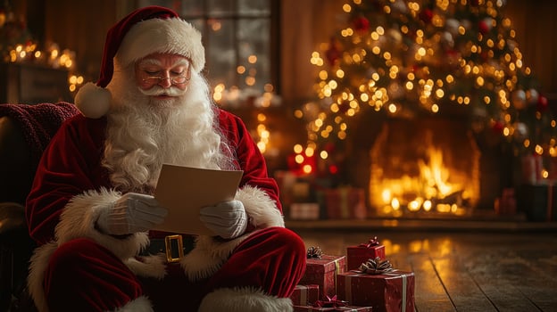 Santa Claus reading wish list letter at cozy home fireplace. Christmas eve concept photo