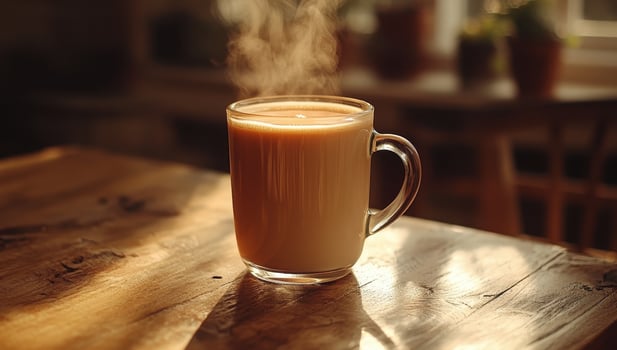 Steaming Mug of Coffee in Sunlit Kitchen, Warmth and Comfort photo