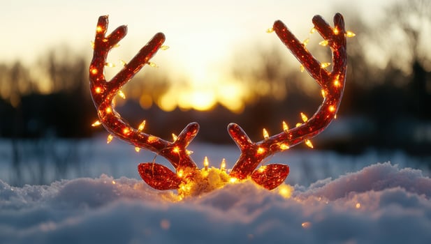Glowing Reindeer Antlers in Snowy Sunset, Christmas Decoration photo
