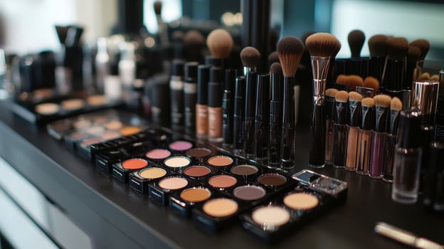 Professional makeup brushes and eye shadow palette on a vanity table. Beauty, cosmetics, and makeup artist concept. photo