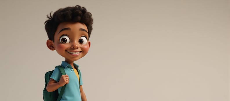 A smiling teenage boy with an ethnic background AfricanAmericanHispanic and backpack depicted as a character from a digital cartoon movie photo