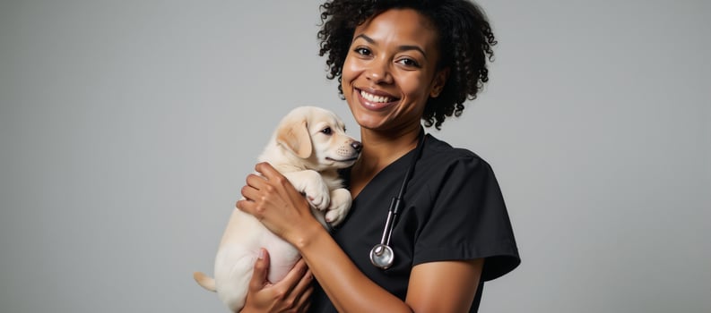 AfricanAmerican female vet tenderly holds adorable dog at pet clinic photo