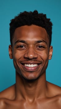 Closeup portrait of an elated African American male model with brown hair against a blurred deep sky blue background with ample copy space photo